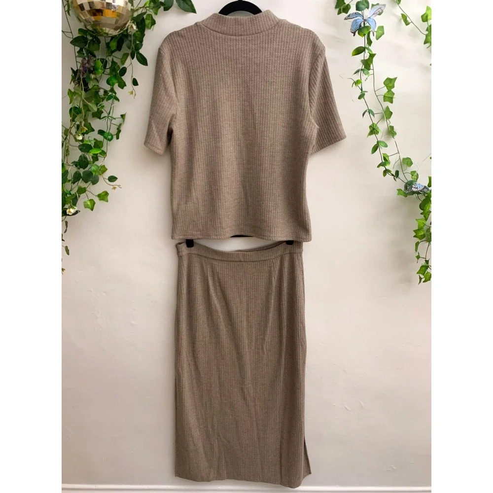 Halogen Ribbed Brown Knit Midi Skirt and Top Set